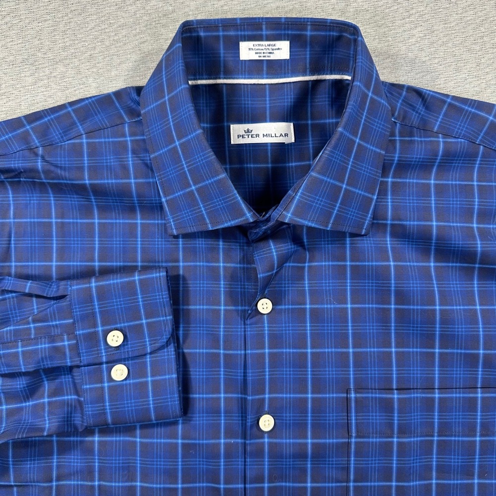 Peter Millar Shirt Mens XL Blue Plaid Long Sleeve‎ Button Down Stretch Preppy